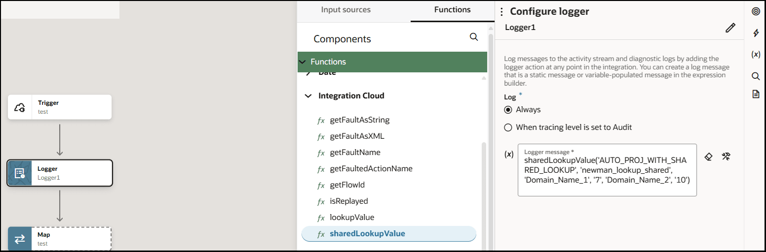 The integration canvas is shown on the left. To the right is the Configure logger panel. The Input sources and Functions tabs are shown. Functions is selected to show the sharedLookupValue function selected. On the right the Log field is set to Always. The content of the logger message is shown below.