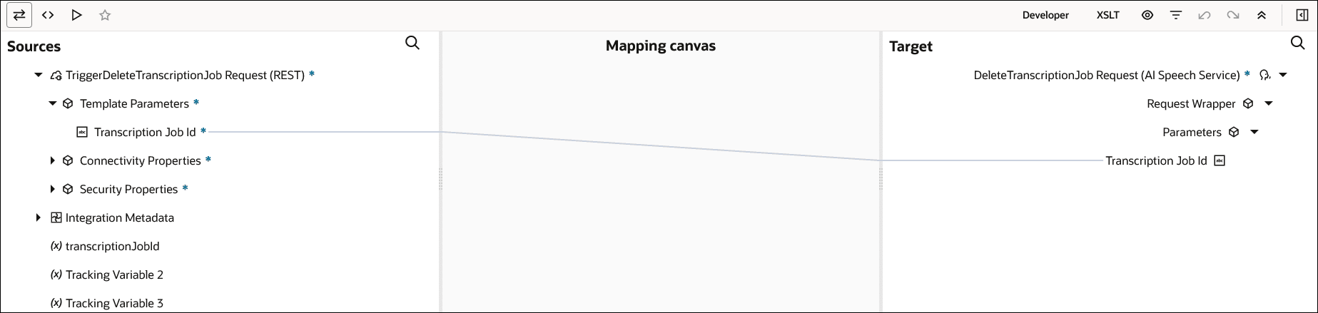 The Sources, Mapping canvas, and Target sections are shown. The source Transcription Job Id element is mapped to the target Transcription Job Id element.