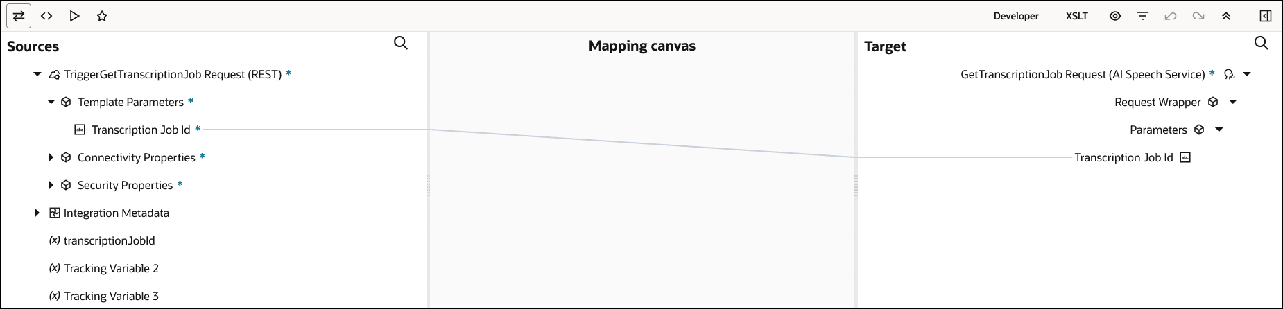 The Sources, Mapping canvas, and Target sections are shown. The source Transcription Job Id element is mapped to the target Transcription Job Id element.
