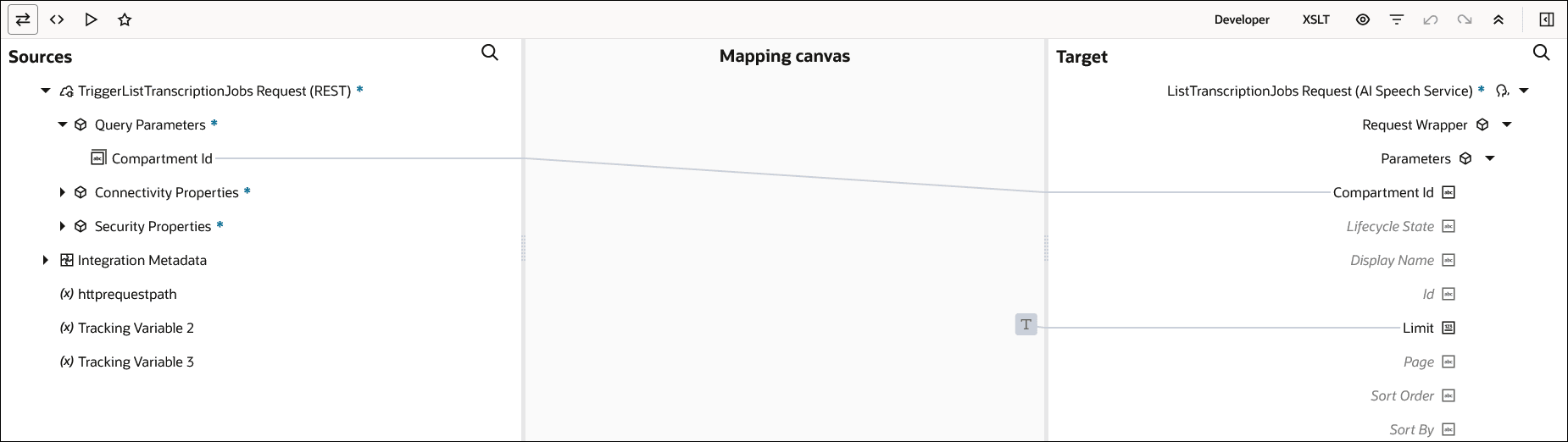 The Sources, Mapping canvas, and Target sections are shown. The source Compartment Id element is mapped to the target Compartment Id element.