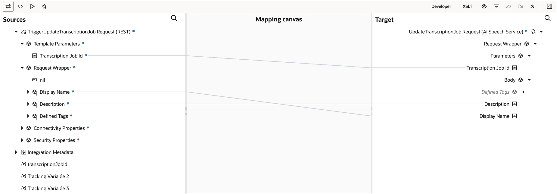 The Sources, Mapping canvas, and Target sections are shown. The source elements are mapped to the target elements.