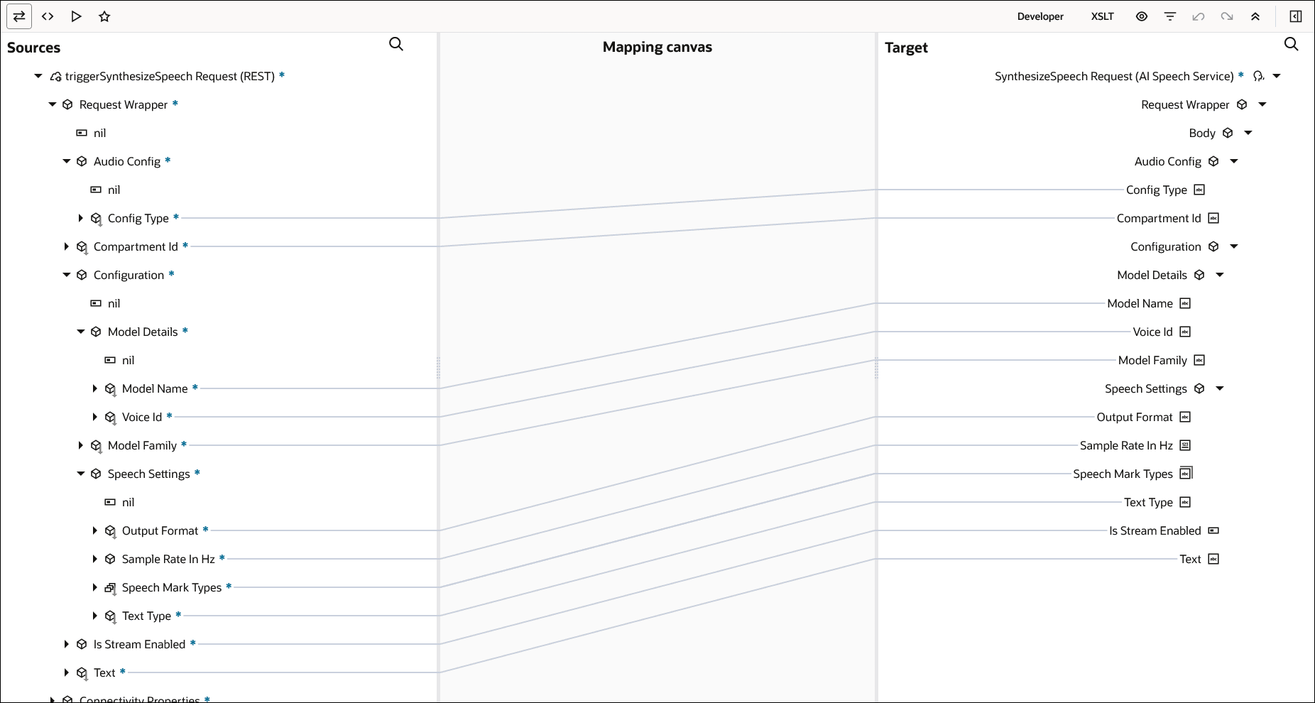 The Sources, Mapping canvas, and Target sections are shown. The source elements are mapped to the target elements. The Sources, Mapping canvas, and Target sections are shown. The source elements are mapped to the target elements.