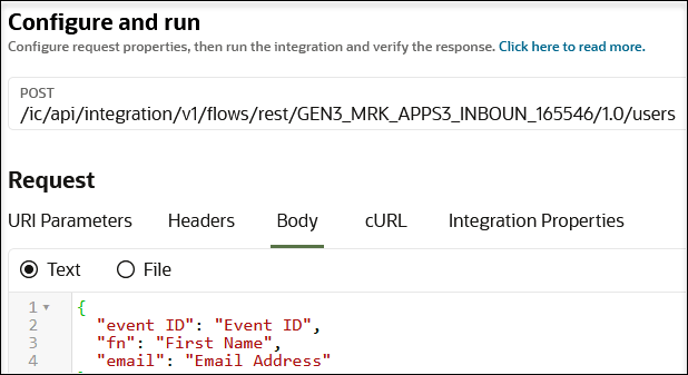 The Configure and run title is shown at the top. The POST operation is shown. After this, the Body tab is selected to show the body payload. The Configure and run title is shown at the top. The POST operation is shown. After this, the Body tab is selected to show the body payload.