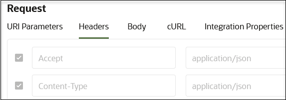 The Headers tab in the Request section is selected to show two application/json headers. The Headers tab in the Request section is selected to show two application/json headers.