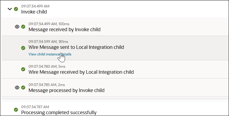 The activity stream shows details about the parent integration. The expand and download icons are shown at the top. After this are the messages in the activity stream. The Wire Message sent to Local Integration child section shows the link called View child instance details being clicked. The activity stream shows details about the parent integration. The expand and download icons are shown at the top. After this are the messages in the activity stream. The Wire Message sent to Local Integration child section shows the link called View child instance details being clicked.