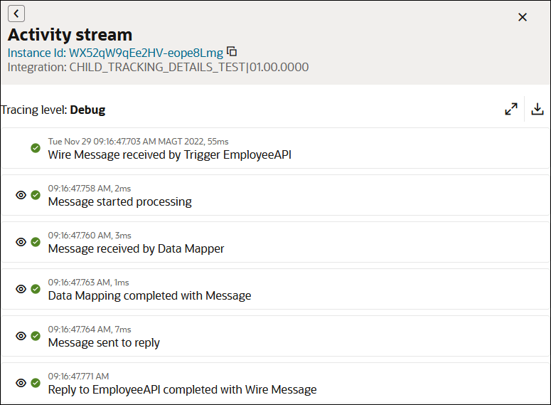 The activity stream shows details about the child integration. The refresh, expand, download icons are shown at the top. After this are the messages in the child activity stream. The View child instance details link is being clicked. The activity stream shows details about the child integration. The refresh, expand, download icons are shown at the top. After this are the messages in the child activity stream. The View child instance details link is being clicked.