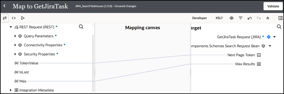 The sources, mapping canvas, and target sections are shown. The source to target mappings performed are described in the text above this image. The sources, mapping canvas, and target sections are shown. The source to target mappings performed are described in the text above this image.