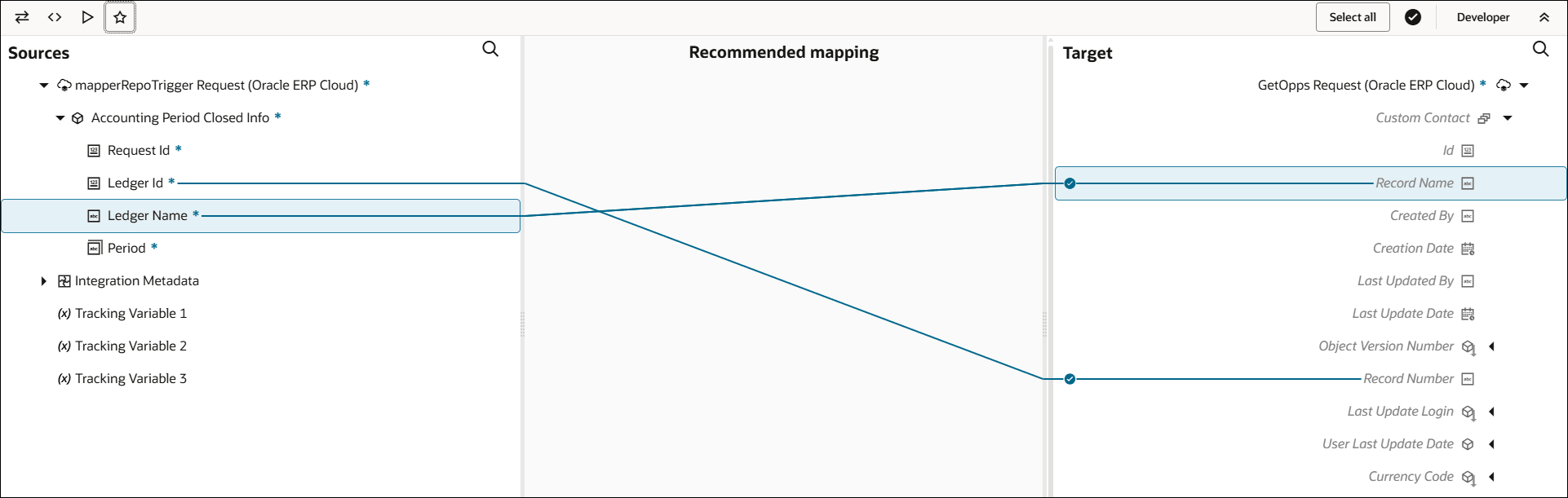 The mapper shows the Sources, Recommended mapping, and Target sections. The Recommended mapping section shows the mapping recommendations between the source and target elements. Above the mapping canvas, the mapper toolbar is available. The mapper shows the Sources, Recommended mapping, and Target sections. The Recommended mapping section shows the mapping recommendations between the source and target elements. Above the mapping canvas, the mapper toolbar is available.