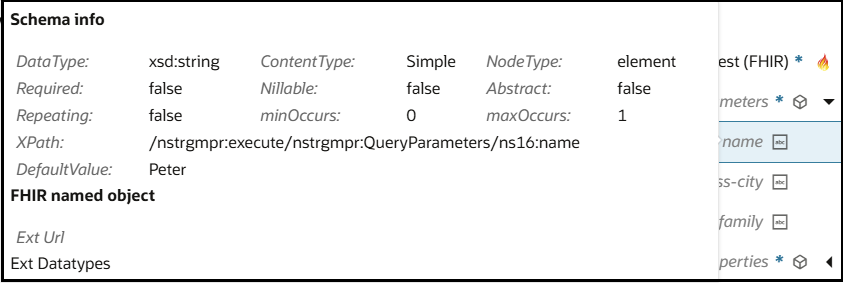 The Schema info page shows the following fields with element information: DataType, Required, Repeating, XPath, DefaultValue, ContentType, Nillable, minOccurs, NodeType, Abstract, and maxOccurs. The FHIR named object, Ext Url, and Ext Datatype labels are also displayed.