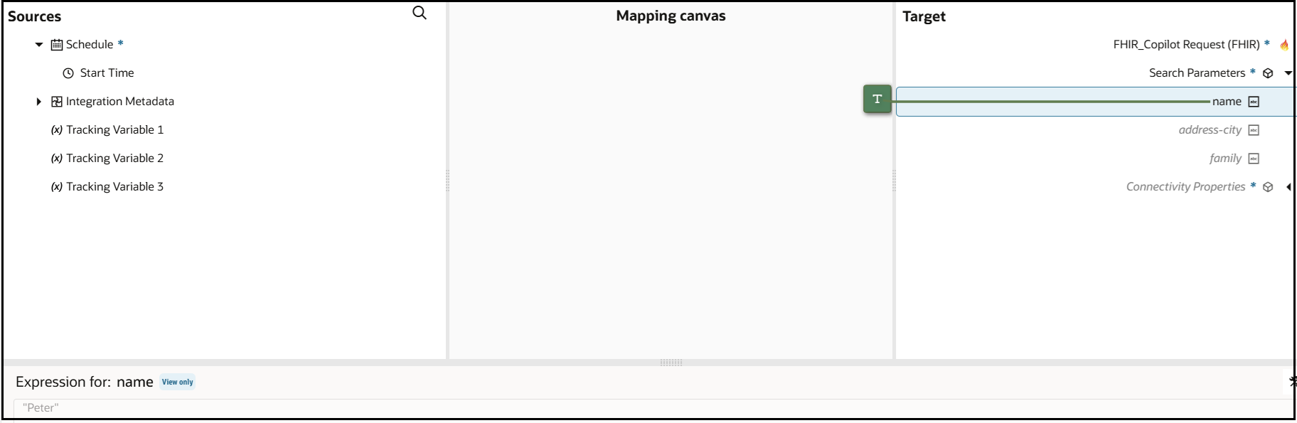 This image shows the Sources, Mapping canvas, and Target sections of the mapper. The target code element is selected. A "T" icon is shown. At the bottom, the Expression Builder shows the assigned default value for this element.