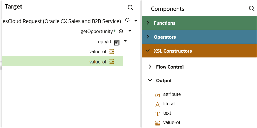 This image shows the Functions > Output section on the right. A value-of statement is being dragged to below another value-of statement of the parent optyId in the Target tree.