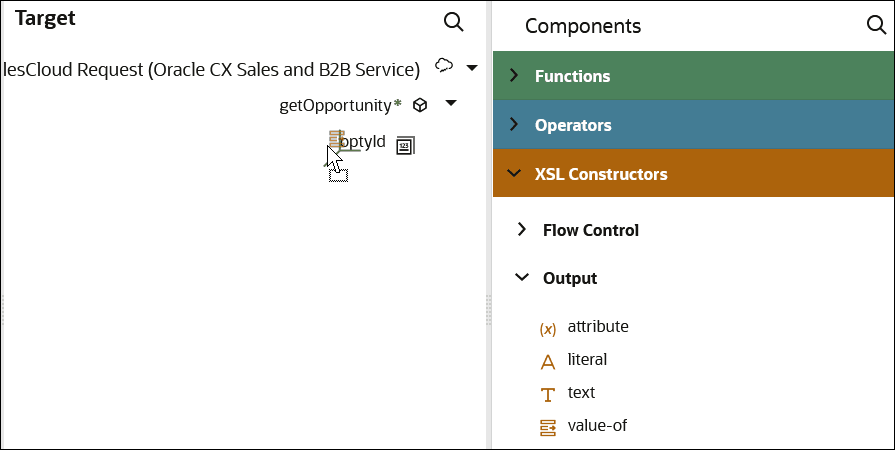 This image shows the Functions > Output section on the right. A value-of statement is being dragged to optyId in the Target tree.