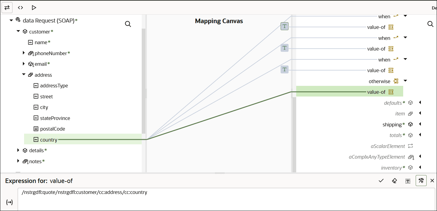 The source element has been connected to the first when construct in the target mapper tree. The Expression Builder is open at the bottom of the page with the corresponding mapping logic (with "United States of America" added at the end of the logic construct). The source element has been connected to the first when construct in the target mapper tree. The Expression Builder is open at the bottom of the page with the corresponding mapping logic (with "United States of America" added at the end of the logic construct).