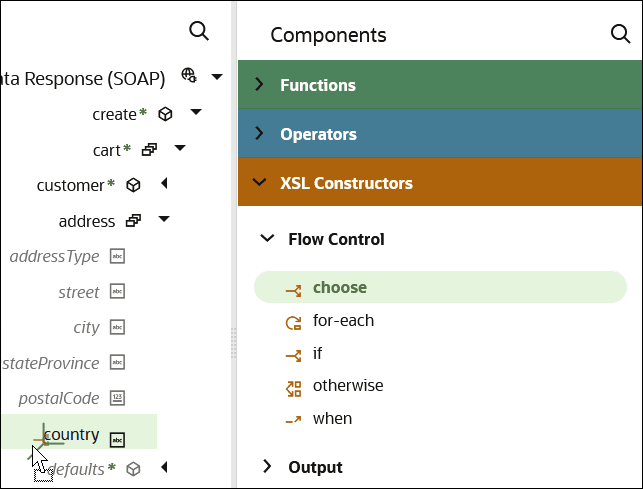 The choose element in the XSLT right navigation pane is being dragged to the lower left corner of the country target element. The choose element in the XSLT right navigation pane is being dragged to the lower left corner of the country target element.