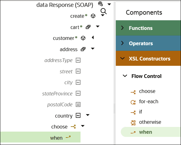 A single when construct has been placed below the choose construct in the target mapper tree. The XSLT navigation pane of constructs is displayed to the right. A single when construct has been placed below the choose construct in the target mapper tree. The XSLT navigation pane of constructs is displayed to the right.