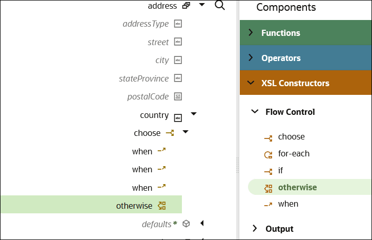 Three when constructs and an otherwise construct have been placed below the choose construct in the target mapper tree. The XSLT navigation pane of constructs is displayed to the right. Three when constructs and an otherwise construct have been placed below the choose construct in the target mapper tree. The XSLT navigation pane of constructs is displayed to the right.