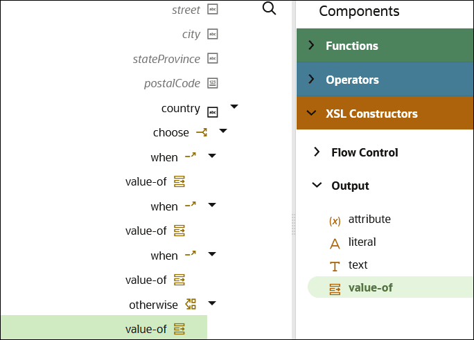 value-of constructs have been placed below all three when construct as child entries in the target mapper tree. value-of constructs have been placed below all three when construct as child entries in the target mapper tree.
