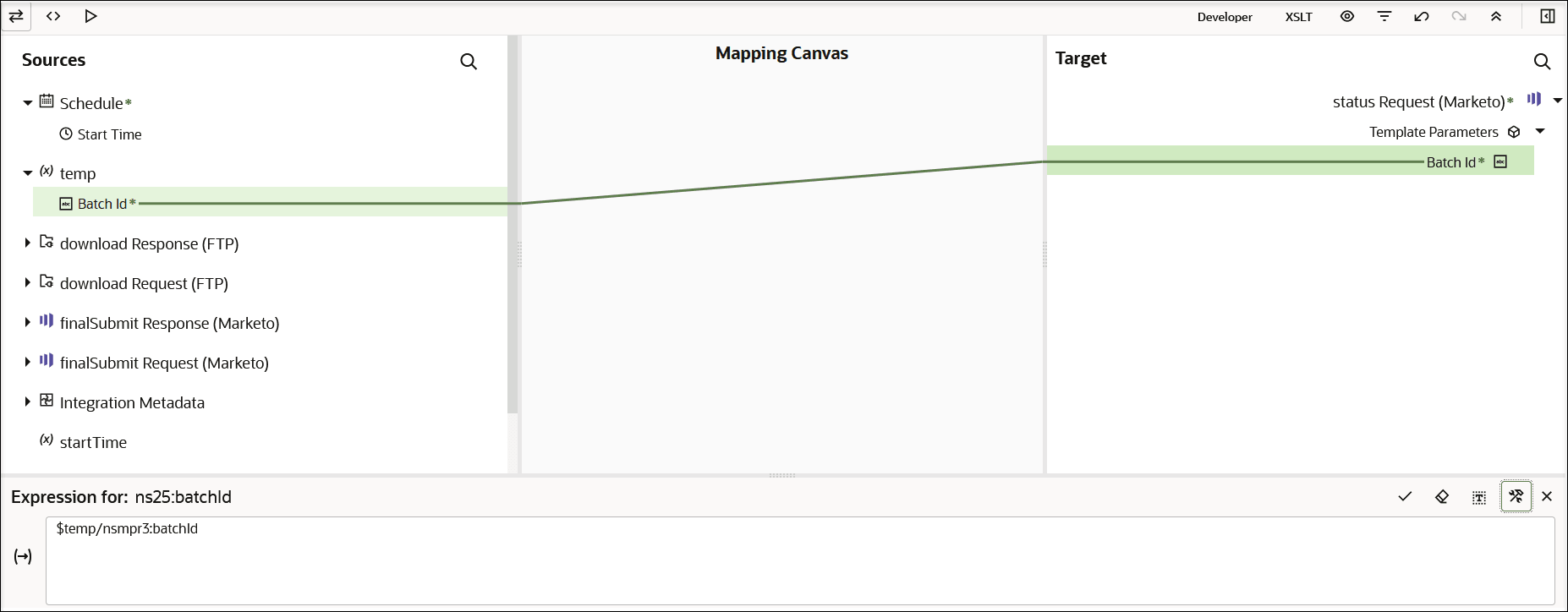 Three icons appear in the upper left. At the far right, Developer and XSLT links appear. Six more icons appear further right. Below are the Sources section, Mapping Canvas, and Target section. Mappings appear between the Source and Target sections. A Batch id source element is mapped to a Batch id target element. Three icons appear in the upper left. At the far right, Developer and XSLT links appear. Six more icons appear further right. Below are the Sources section, Mapping Canvas, and Target section. Mappings appear between the Source and Target sections. A Batch id source element is mapped to a Batch id target element.