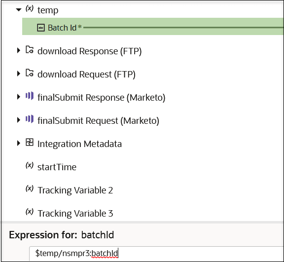 This image shows a mapped Batch id target element. At the bottom, the Expression Builder shows a value of $temp/nsmpr3:batchId. This image shows a mapped Batch id target element. At the bottom, the Expression Builder shows a value of $temp/nsmpr3:batchId.