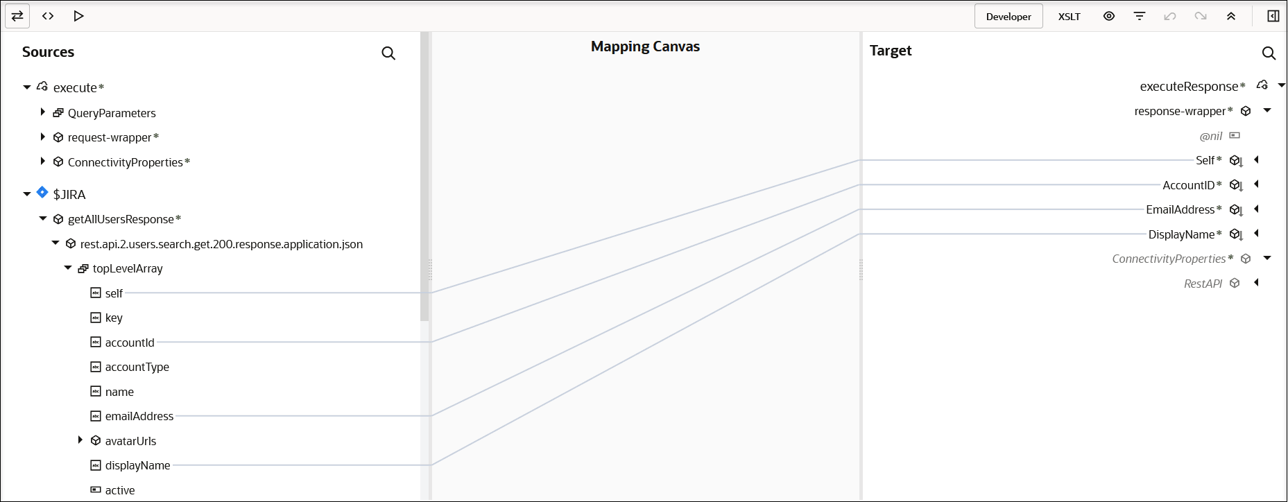 Three icons appear in the upper left. At the far right, Developer and XSLT links appear. Six more icons appear further right. Below are the Sources section, Mapping Canvas, and Target section. Mappings appear between the Sources and Target sections. Three icons appear in the upper left. At the far right, Developer and XSLT links appear. Six more icons appear further right. Below are the Sources section, Mapping Canvas, and Target section. Mappings appear between the Sources and Target sections.