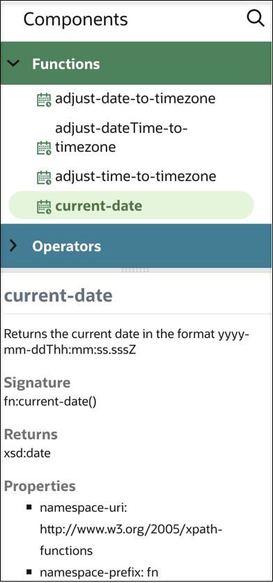 The current-data function is selected. The current-date function is described below, including the description, signature, what the function returns, and properties. The current-data function is selected. The current-date function is described below, including the description, signature, what the function returns, and properties.