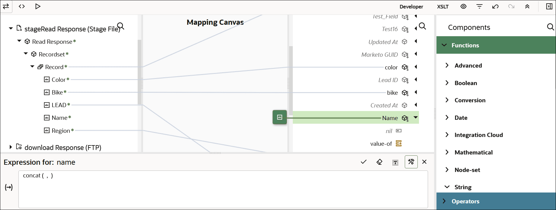 Three icons are shown in the upper left. Below this is the Sources section. In the middle is the Mapping Canvas section. To the right is the Targets section. To the far right is the Components section, with Functions appearing below. Function categories are shown: Advanced, Boolean, Conversion, Data, Integration Cloud, Mathematical, Node-set, and String. Below this is the Operations category. In the upper right are the Developer icon, XSLT icon, and six other icons. Three icons are shown in the upper left. Below this is the Sources section. In the middle is the Mapping Canvas section. To the right is the Targets section. To the far right is the Components section, with Functions appearing below. Function categories are shown: Advanced, Boolean, Conversion, Data, Integration Cloud, Mathematical, Node-set, and String. Below this is the Operations category. In the upper right are the Developer icon, XSLT icon, and six other icons.