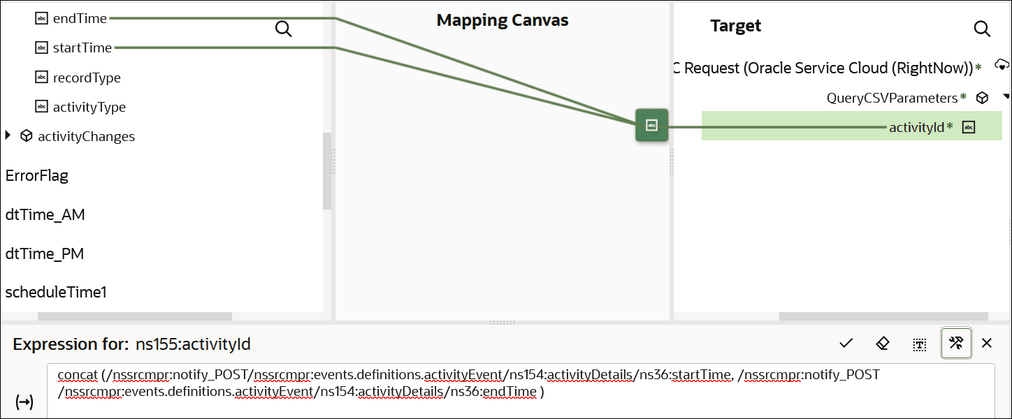 The Sources section endTime and startTime elements have been dragged to the concat function in the Expression Builder. The Target section shows the activityId with the attached concat function. The Sources section endTime and startTime elements have been dragged to the concat function in the Expression Builder. The Target section shows the activityId with the attached concat function.