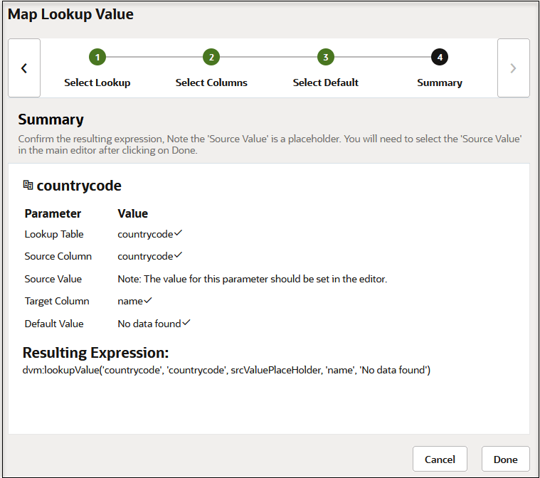 The Select Lookup, Select Columns, Select Default, and Summary icons are shown. Below this is the Summary section. Below this is the lookup selected (countrycode) and the parameter and value assigned. Below this is the resulting expression. Below this are Cancel and Done buttons. The Select Lookup, Select Columns, Select Default, and Summary icons are shown. Below this is the Summary section. Below this is the lookup selected (countrycode) and the parameter and value assigned. Below this is the resulting expression. Below this are Cancel and Done buttons.