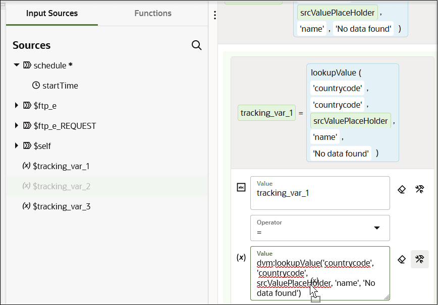 The Input Sources tab (selected) and Functions tab are shown. The $tracking_var_1 element is selected. On the right side is the Value field, Operator field, and Value field. In the second value field, $tracking_var_1 is being dropped on srcValuePlaceHolder in the expression. The Input Sources tab (selected) and Functions tab are shown. The $tracking_var_1 element is selected. On the right side is the Value field, Operator field, and Value field. In the second value field, $tracking_var_1 is being dropped on srcValuePlaceHolder in the expression.