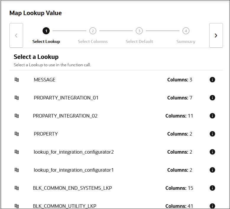 The Map Lookup Value panel shows the wizard steps at the top: Select Lookup, Select Columns, Select Default, and Summary. After this are the lookup names, the number of columns, and the information icons. The Map Lookup Value panel shows the wizard steps at the top: Select Lookup, Select Columns, Select Default, and Summary. After this are the lookup names, the number of columns, and the information icons.