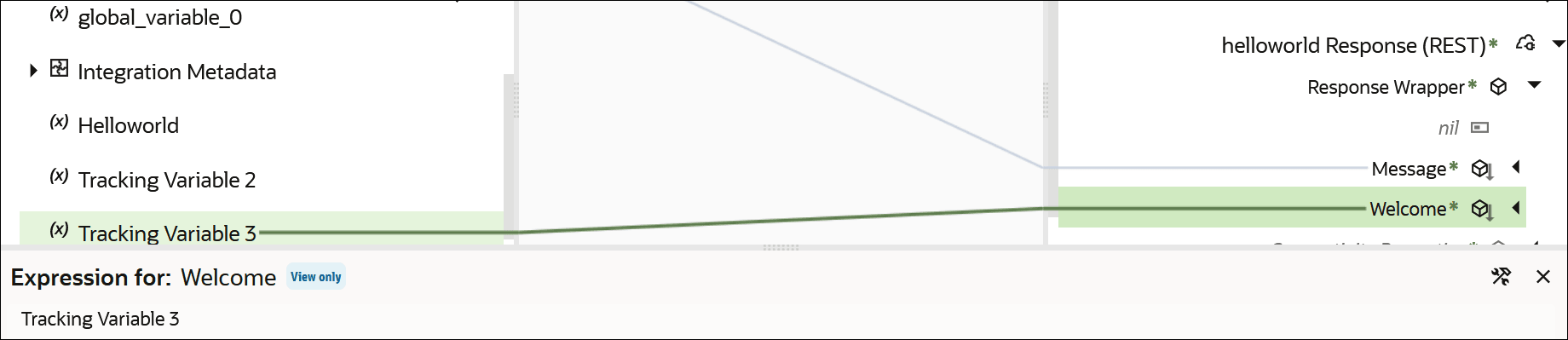 The Tracking Variable 3 source element is mapped to the Welcome target element. Below is the Expression Builder section with a value of Tracking Variable 3. At the far right are two icons. The Tracking Variable 3 source element is mapped to the Welcome target element. Below is the Expression Builder section with a value of Tracking Variable 3. At the far right are two icons.