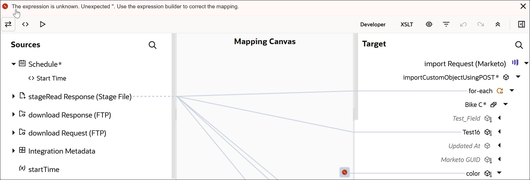 The error message above the Sources section is clicked to show the Target element that is in error. The Mapping Canvas section is between the Sources and Target sections. The error message above the Sources section is clicked to show the Target element that is in error. The Mapping Canvas section is between the Sources and Target sections.