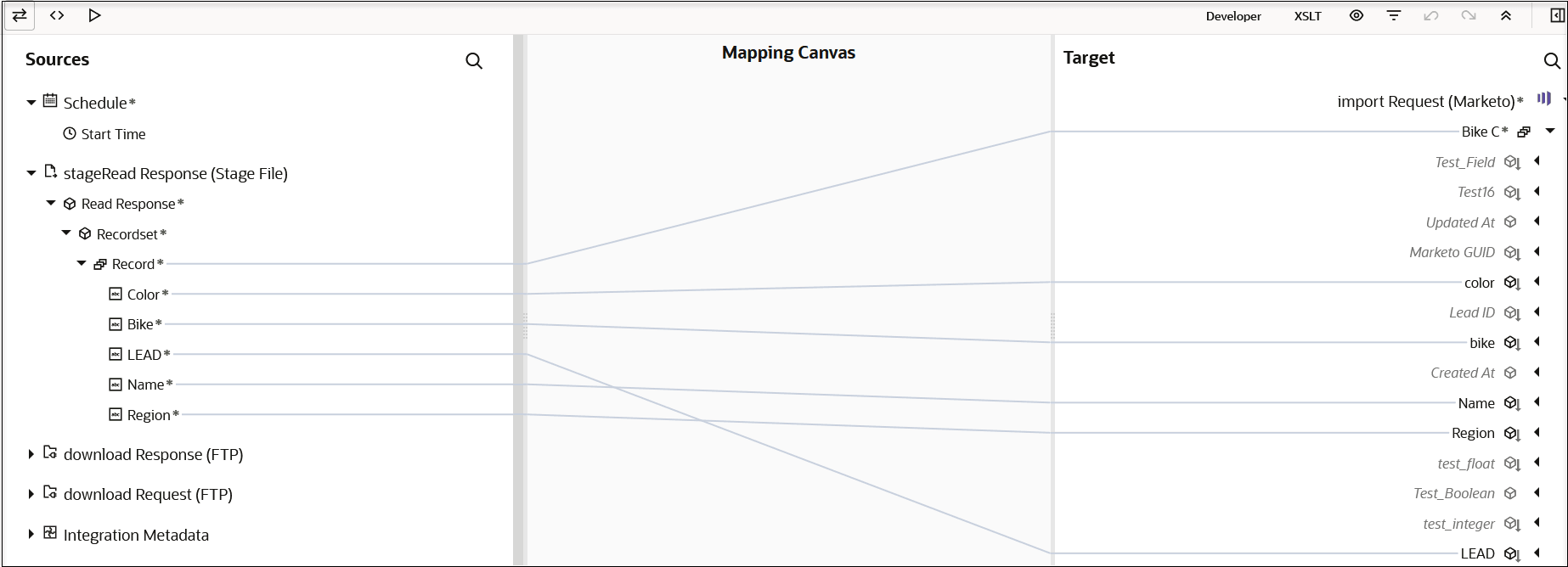In the upper left are the designer, code, and test links, Below this is the Sources data structure. To the right is the Mapping Canvas section. To the right is the Target data structure. Above the Target data structure are the developer, XSLT, view, filter, previous, redo, maximize, and function links.