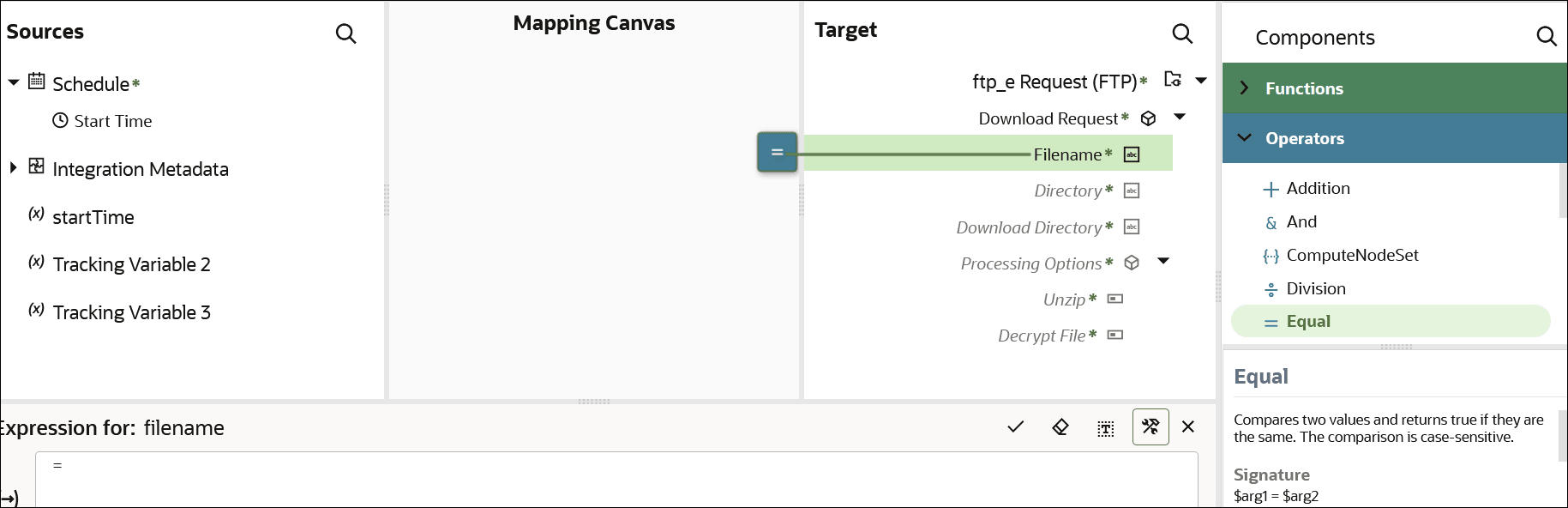 The Sources tree is shown. To the right is Mapping Canvas section and the Target section. To the right is the Components section, with the Operators subsection shown. The Equal operator has been dragged to the Filename element in the Target section tree, resulting in an equal sign appearing. At the bottom, the Expression Builder shows an equal sign. The Sources tree is shown. To the right is Mapping Canvas section and the Target section. To the right is the Components section, with the Operators subsection shown. The Equal operator has been dragged to the Filename element in the Target section tree, resulting in an equal sign appearing. At the bottom, the Expression Builder shows an equal sign.