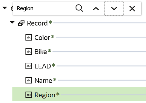 The word Region is entered in the search field. The search, previous, next, and clear icons appear to the right. Below are the search results.