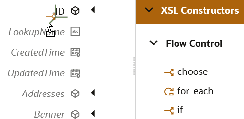 An if statement is dragged from the Flow Control category of the XSL Constructors section onto the ID target element. The Flow Control category shows options for choose, for-each, and if.