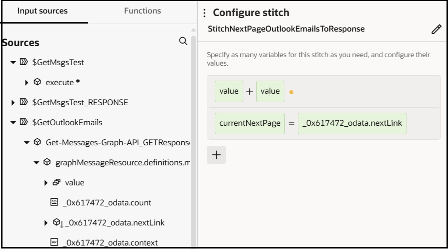 The Configure stitch panel is shown. The Input sources tab is shown on the left. It has been expanded to show a value under GetOutlookEmails. One of those values, 0x617472_odata.nextLink has been set to a parameter named currentNextPage.