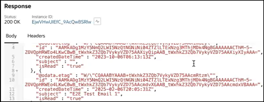 The Response section is shown with labels for Status and Instance ID. Below this, the Body column and the Headers column are shown. The contents of the header are described above this image.