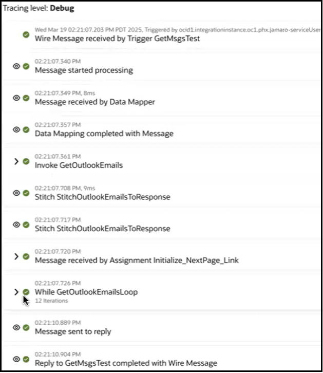 The activity stream is shown. The while loop iterated twelve times to control the delivery of emails messages to the Microsoft Office 365 Outlook Adapter in twelve pages, instead of returning all email messages at the same time.