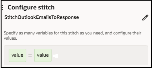 The Configure stitch section shows the stitch name and the value set. The edit icon appears in the upper right.