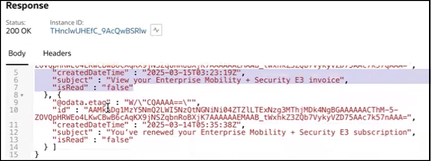 The Response section is shown. The Status field and Instance ID field are shown. Below this is the Body column and the Headers column. The contents of the header are described above this image.