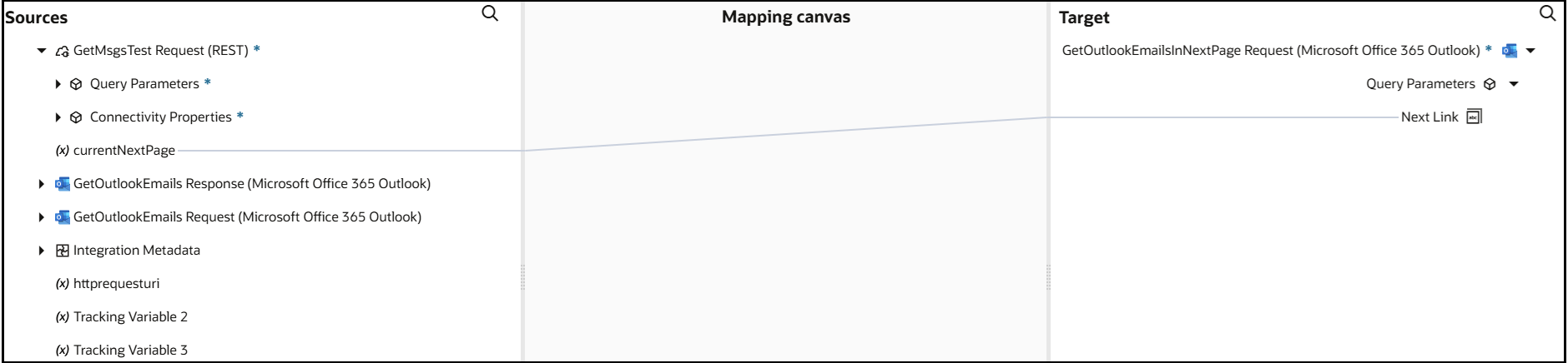 The Sources, Mapping canvas, and Target sections are shown. currentNextPage is mapped to NewLink.