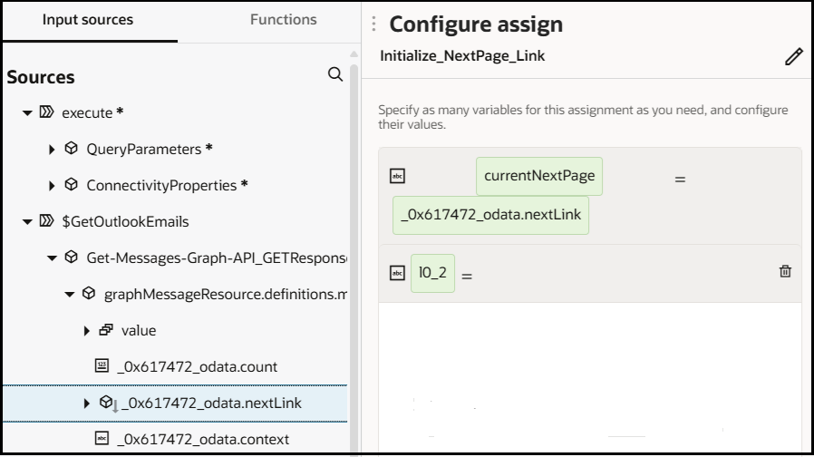 The Configure assign panel is shown. On the left are the Input sources (which is selected) and Functions tabs. The Sources tree is expanded to show the odata.nextLink element selected. On the right side, the Configure assign title is shown. An edit icon is on the right. Below this, the odata.nextLink element is set as the value for the parameter currentNextPage.