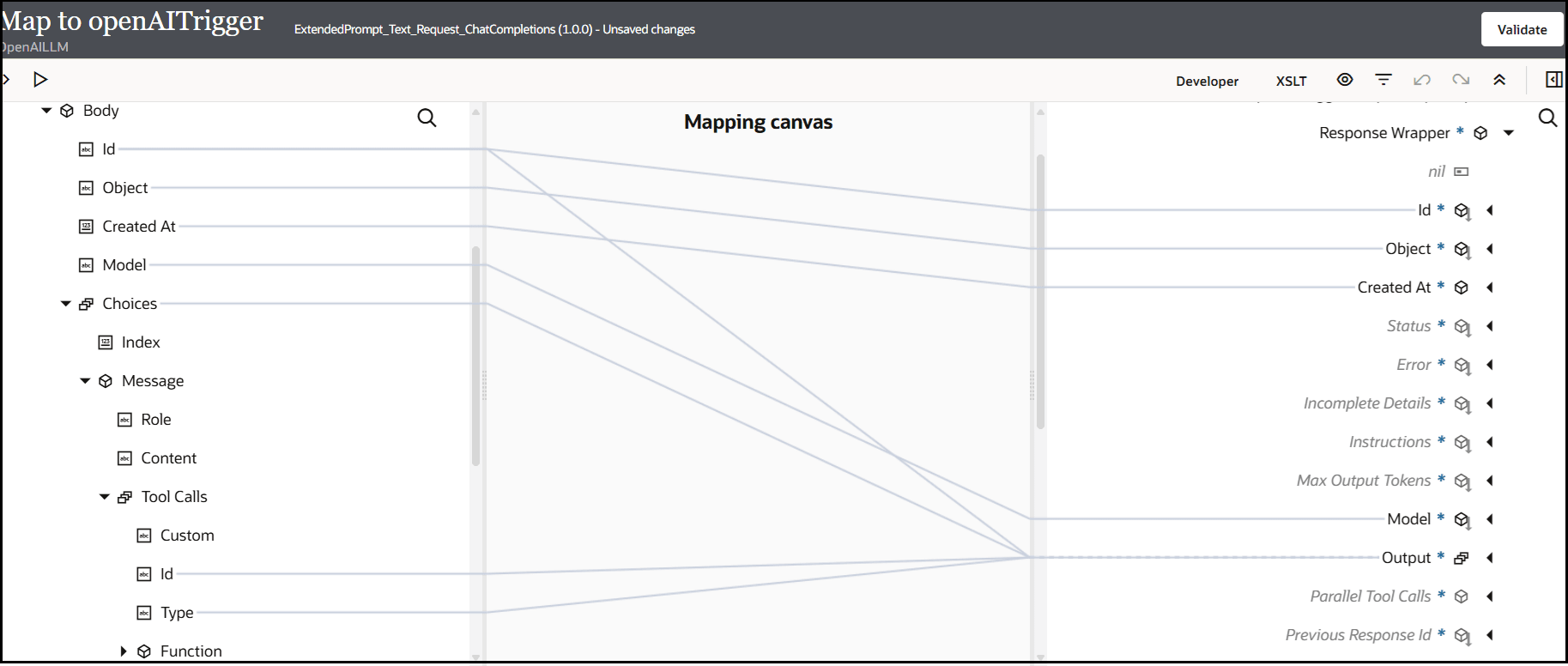 The source, mapping, canvas, and targets section are shown. The source Body elements are mapped to the target elements. For example, id is mapped to id, Object is mapped to Object, and Model is mapped to Model. The source Choices element is mapped to the target Output element. The source Tool Calls element is expanded to show mappings for id to Output and Type to Output.