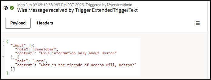 The message sent to the trigger connection is shown. Values are set for the role, content, role, and content parameters.