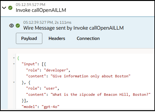 The invoke action is expanded to show the wire message payload sent. Values are set for the role, content, role, content, and model parameters.