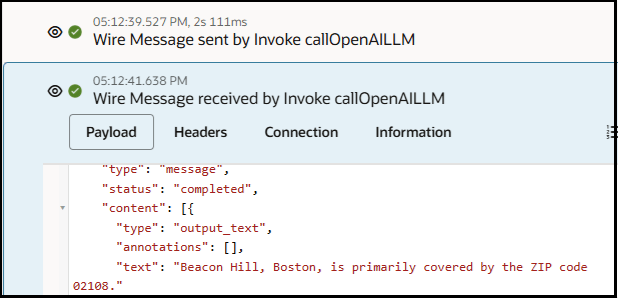 The invoke action is expanded to show the wire message payload received. Values are set for the type, annotation, and text parameters.