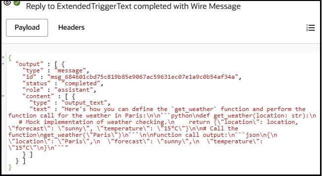 The reply payload wire message to the trigger connection is shown. Values are set for the output, type, id, status, role, content, type, and text parameters.