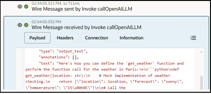 The invoke action is expanded to show the wire message payload received. Values are set for the type, annotation, text, and temperature parameters.