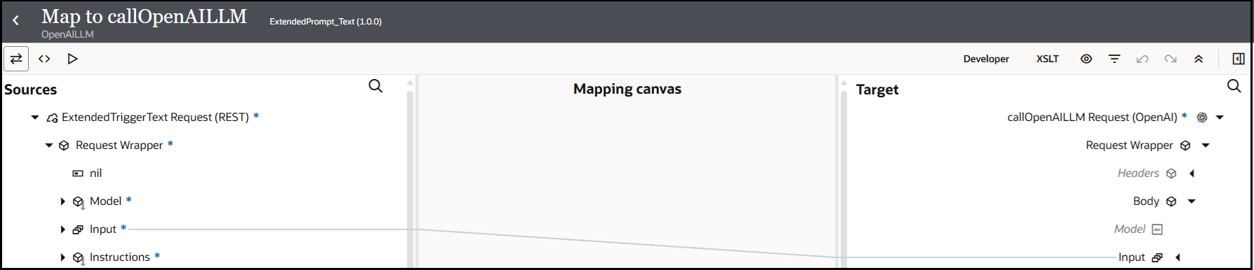 The mapper shows the Sources section, Mapping canvas section, and Target section. The source Input element is mapped to the target Input element.